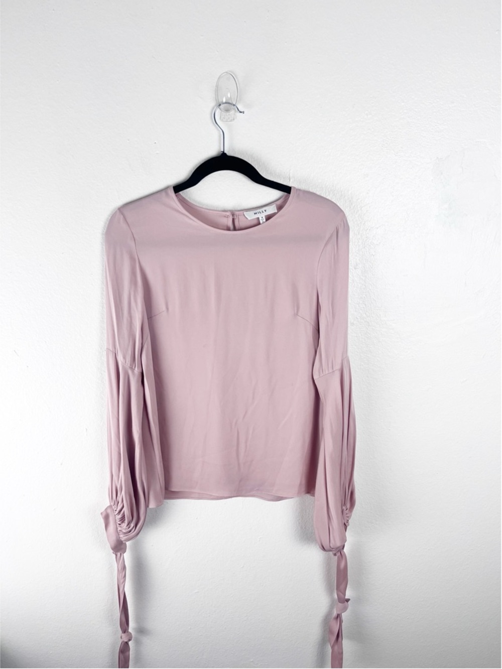 MILLY Pink Sheer Long Tie Cuff Ballon Sleeves Silk Blend Blouse 4 Career Office